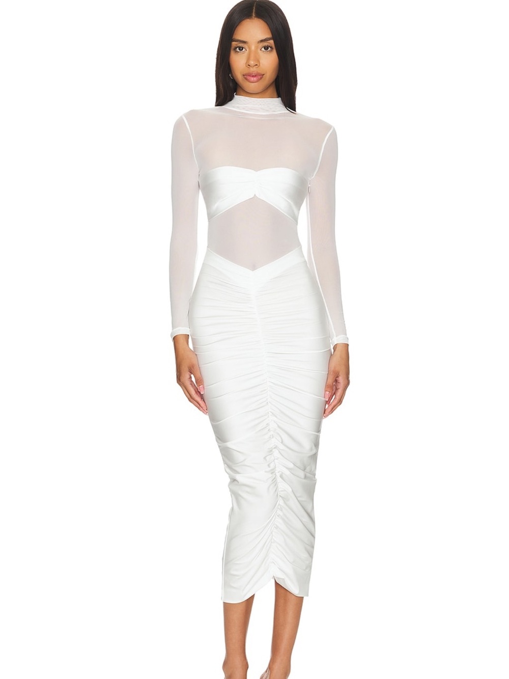 SER.O.YA White Sheer-Panel Ruched Midi Dress